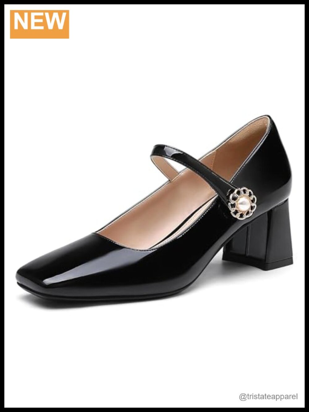 Patent Leather Mary Janes Square Toe Chunky Heel Buckle Strap Pumps